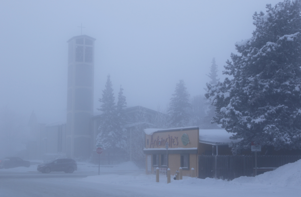 The Catholic church and Antoinette's restaurant in downtown Whitehorse, Yukon, with the temperature at 41 degrees below zero.