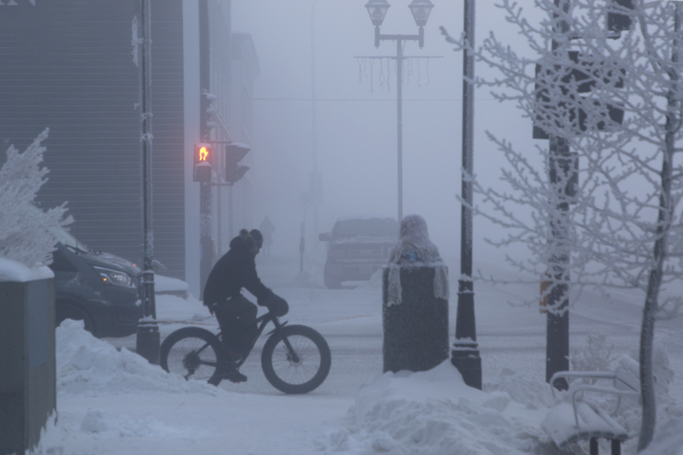 Riding a fatbike in downtown Whitehorse, Yukon, with the temperature at 41 degrees below zero.