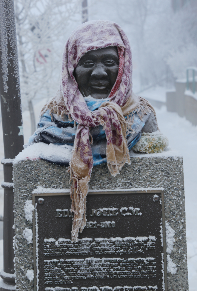 A statue of Edith Josie in downtown Whitehorse, Yukon, with the temperature at 41 degrees below zero.