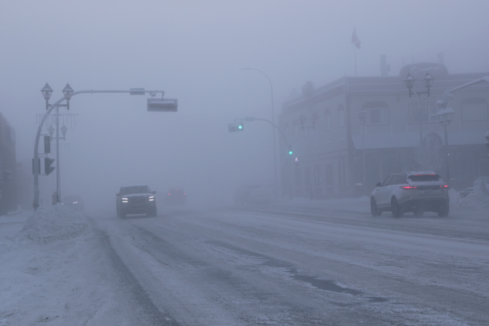 Traffic in downtown Whitehorse, Yukon, with the temperature at 41 degrees below zero.