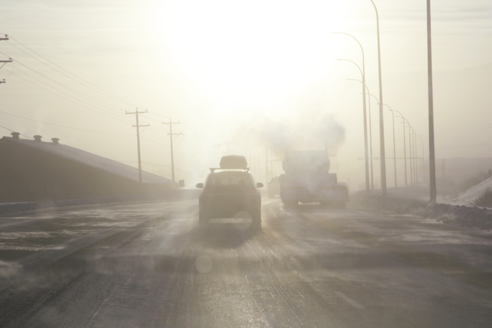 On the Alaska Highway at  Whitehorse, Yukon, with the temperature at 41 degrees below zero.
