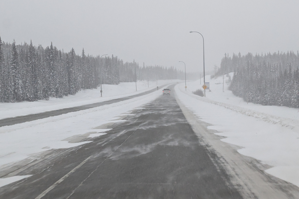 A dreary, snowy, windy day on the Alaska Highway at Whitehorse.