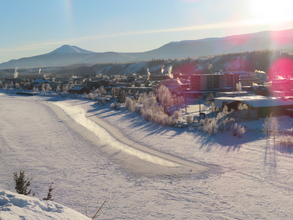 The almost-frozen Yukon River at Whitehorse.