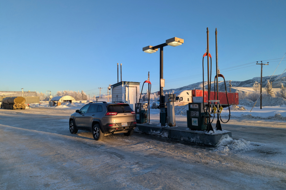 Fueling the Jeep at the North 60 cardlock at McRae on the Alaska Highway.