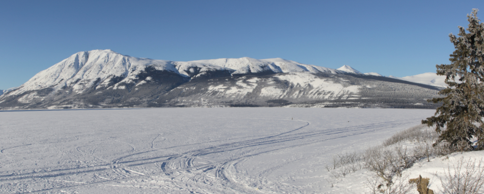 A panorama shot from the Lake Bennett viewpoint at Carcross, Yukon, in January.