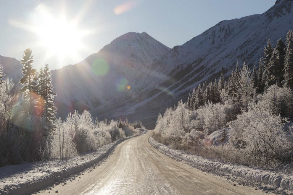 Superb light on the ice-covered South Klondike Highway in January.