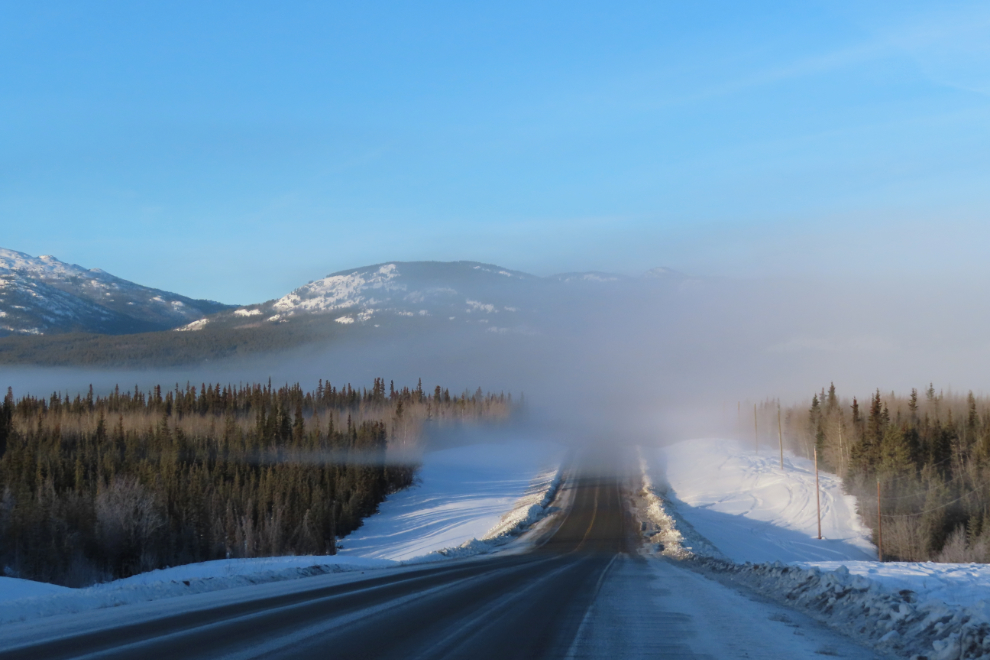 Scattered fog on the Alaska Highway at Km 1444.7, west of Whitehorse in February