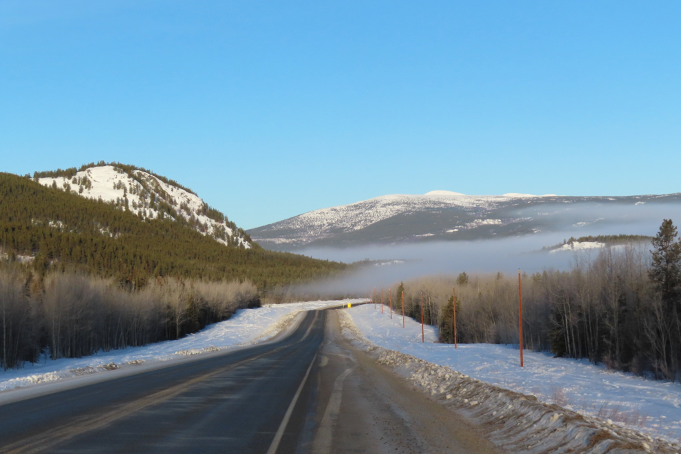 Scattered fog on the Alaska Highway at Km 1449.2, west of Whitehorse in February