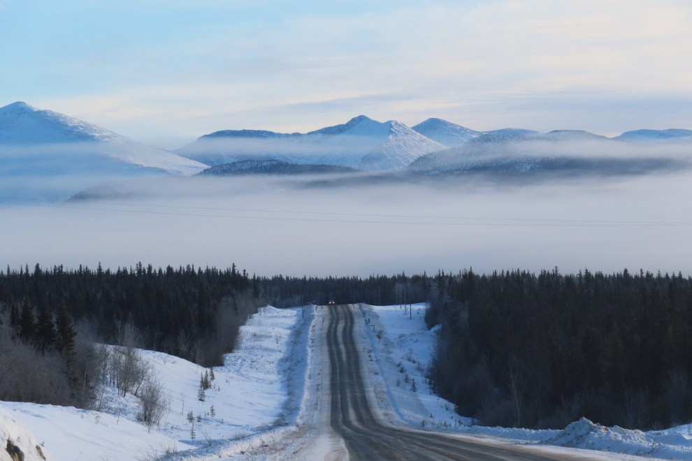 Scattered fog on the Alaska Highway at Km 1497.3, west of Whitehorse in February