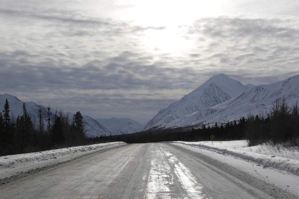 The view to the southeast from Bear Creek Summit. At 1,004 meters (3,294 feet), this is the highest point on the Alaska Highway between Whitehorse and Delta Junction.