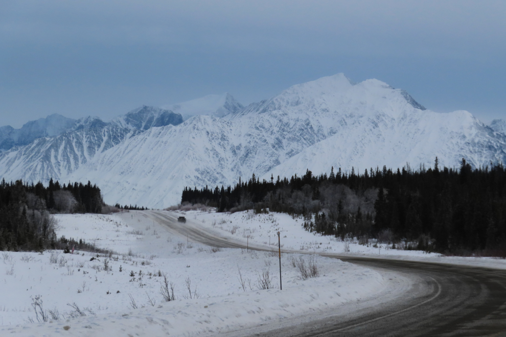 Climbing up to Bear Creek Summit, at Km 1602.9 of the Alaska Highway in February.
