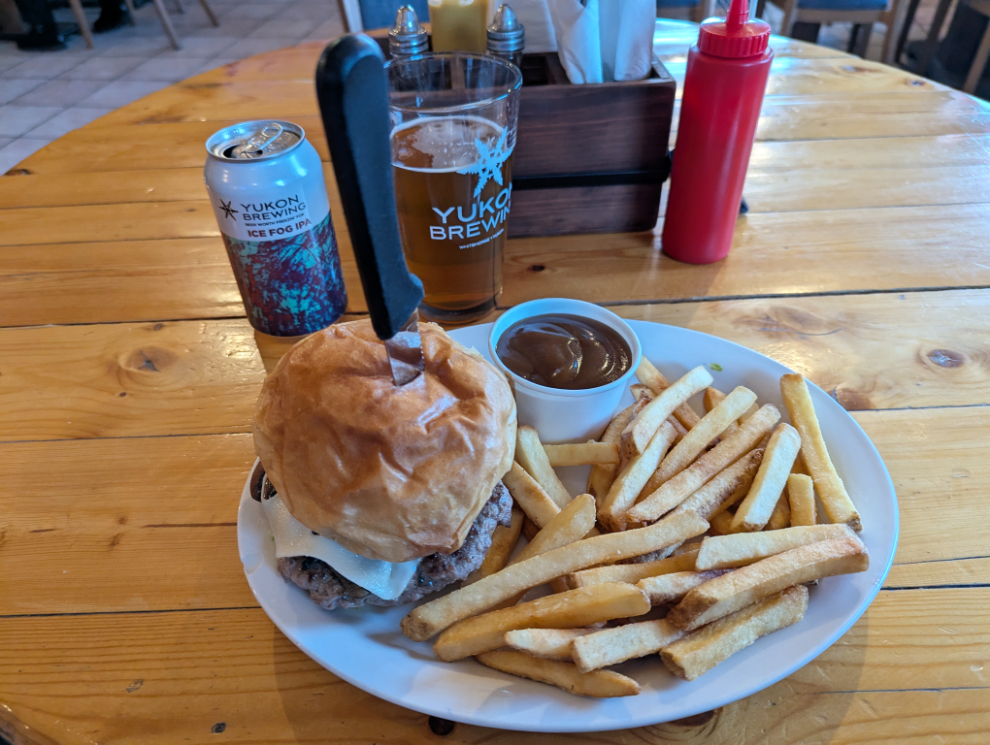 Mushroom Swiss burger and Ice Fog beer at the Mile 1016 Pub in Haines Junction, Yukon.