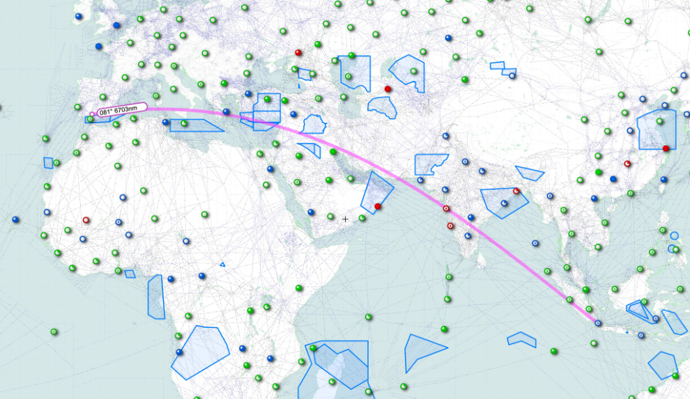 The short route to take A-4002 home from Spain to Indonesia would take them over one of the most hostile environments on earth at the moment. 