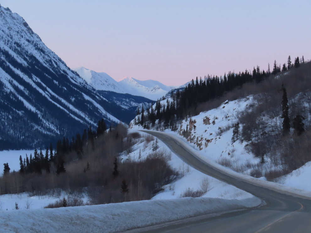 A snowy dawn at Km 86.4 of the South Klondike Highway.