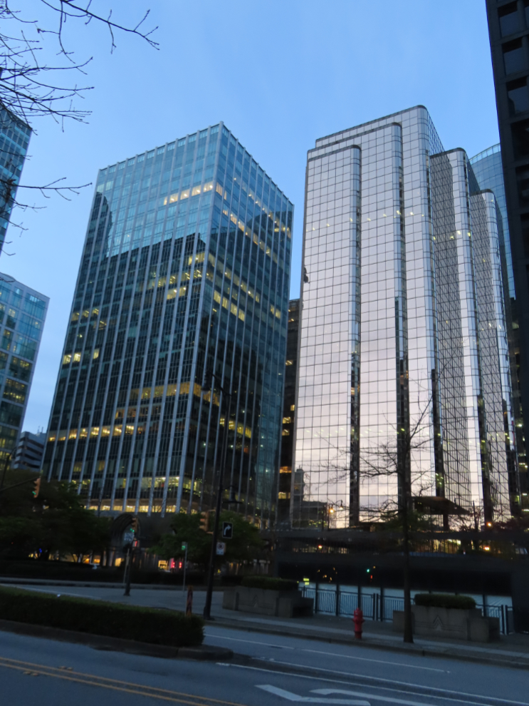 Morning sky lighting up some of the buildings along West Cordova Street in Vancouver.