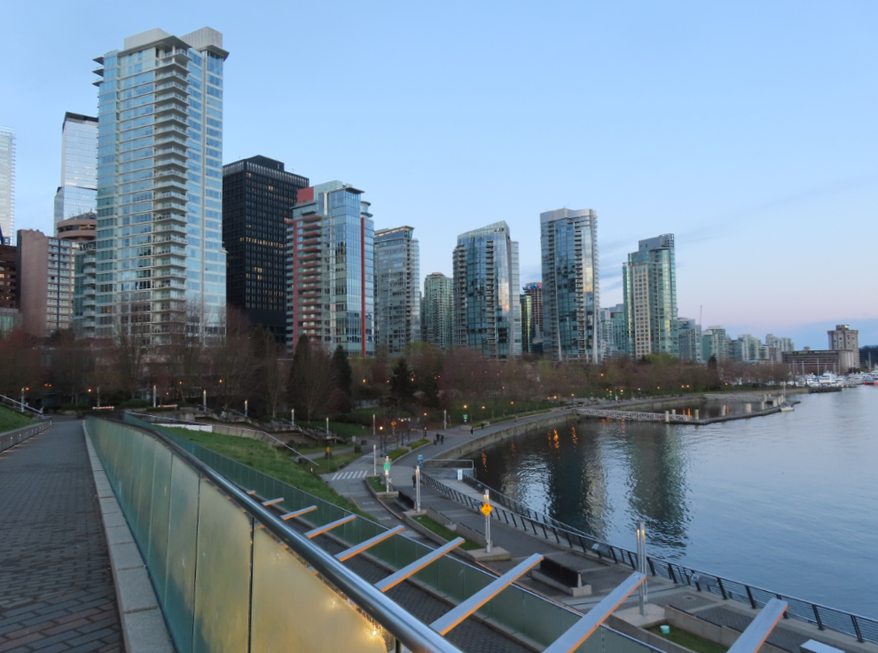 The view from from the upper level of the seawall pathways above the float plane base in Vancouver.