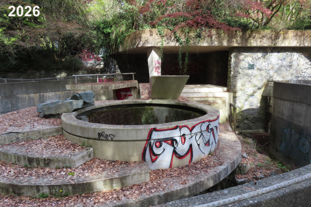 The long-abandoned polar bear pit at Stanley Park in Vancouver in 2026.