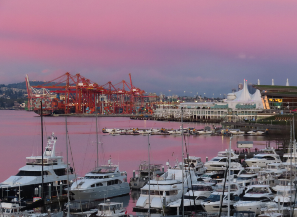 The spectacular evening colours of the sky seen from Room 627 at the Westin Bayshore Hotel.