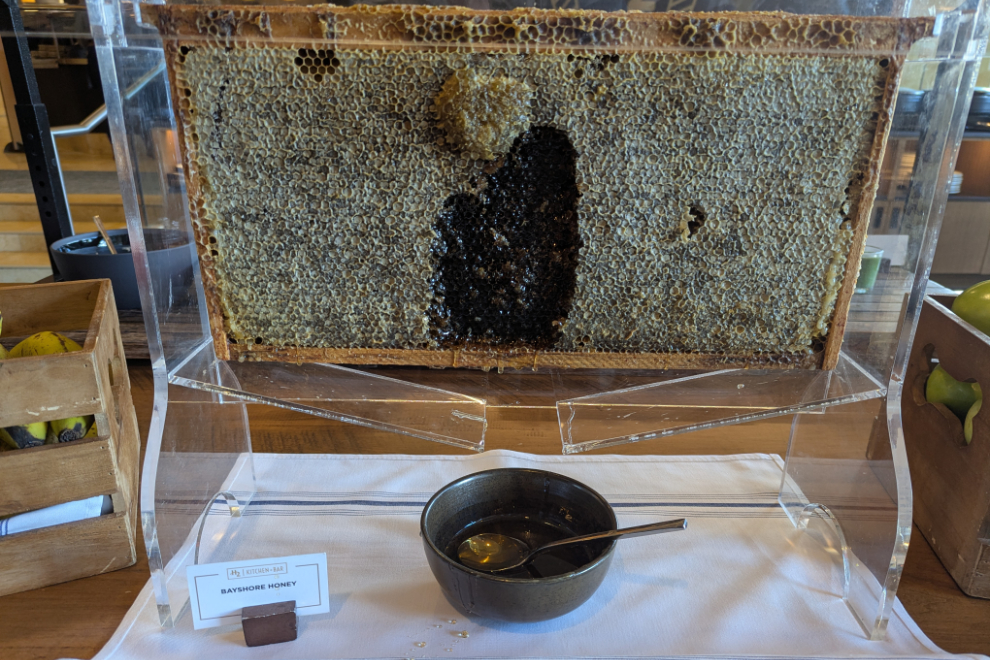 Draining honey right from the comb at the breakfast buffet at H2 Kitchen in the Westin Bayshore Hotel in Vancouver.