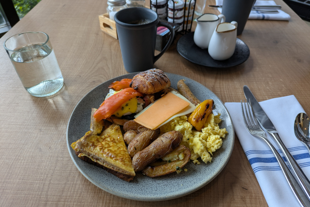 A well-loaded plate from the breakfast buffet at H2 Kitchen in the Westin Bayshore Hotel in Vancouver.