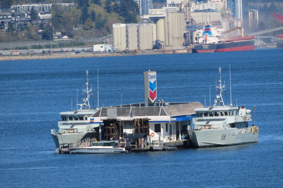 Two of the Royal Canadian Navy's eight Orca-class patrol vessels (PCTs) fuelling up at the floating gas station in Vancouver harbour.