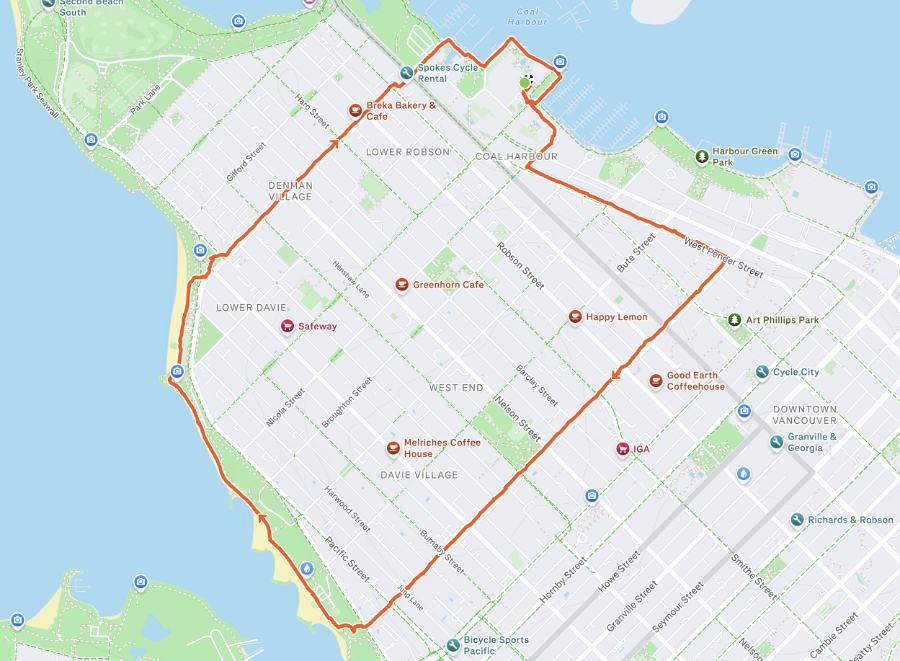 A map of my 6-km walk around the West End of Vancouver.