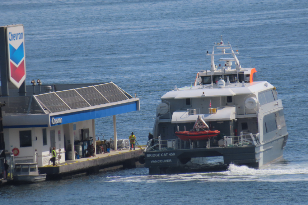 One of the Hullo ferries pulling up to the floating gas station in Vancouver harbour.