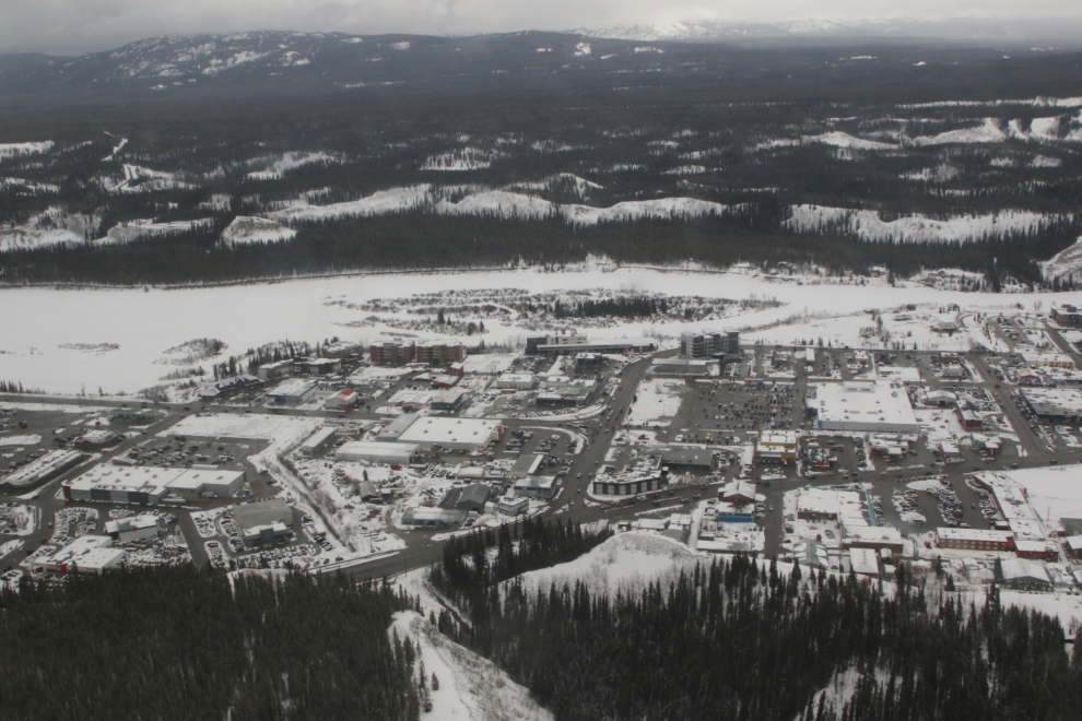 Aerial photo of snowy Whitehorse, Yukon.
