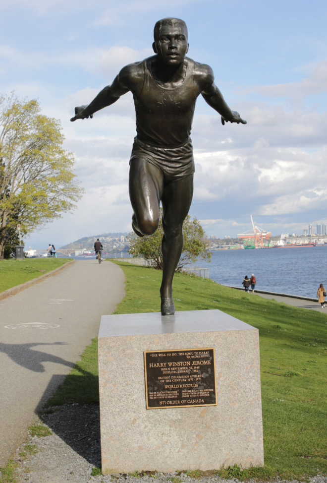This bronze sculpture cast in 1986 by Jack Harman honours track and field hero Harry Jerome OC (1940-1982).