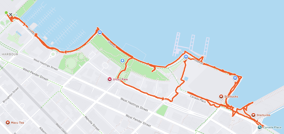 Map of my walk at Vancouver - it logged as 4.75 km and 7,028 steps at Strava.