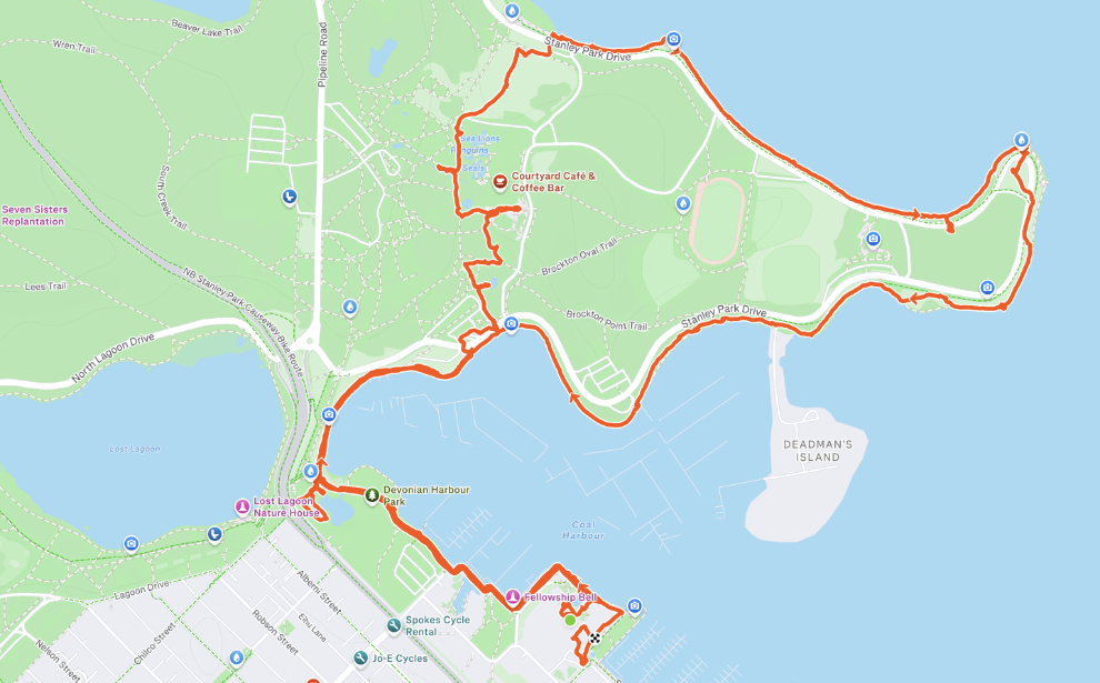Map of my walk at Vancouver - it logged as 7.55 km and 11,364 steps at Strava.