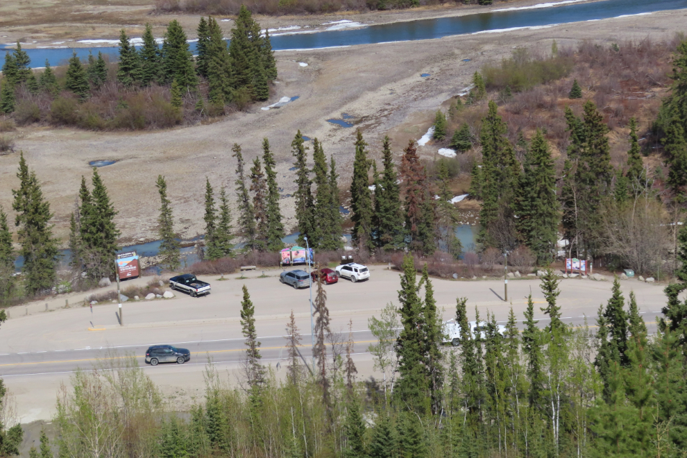Looking straight down at the Welcome to Whitehorse viewing area, which is also one of the access points to walk the 5-km Millennium Trail loop.