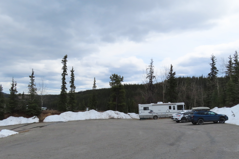 Overflow parking along the Miles Canyon Road at Whitehorse in early May.