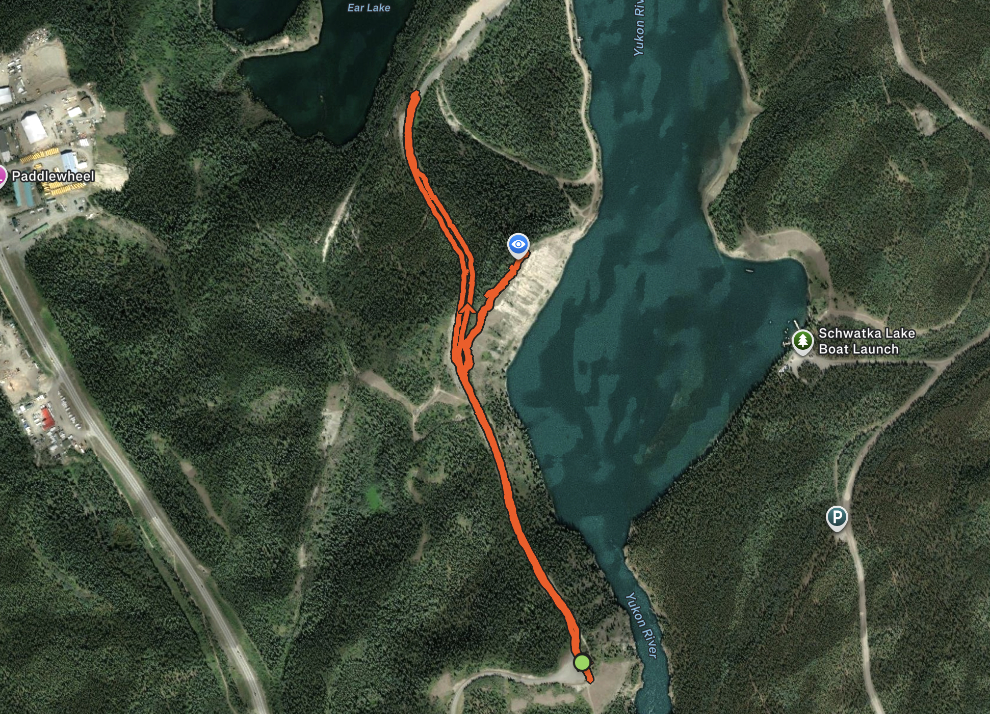 Map of my crocus-hunting walk along Miles Canyon Road at Whitehorse.