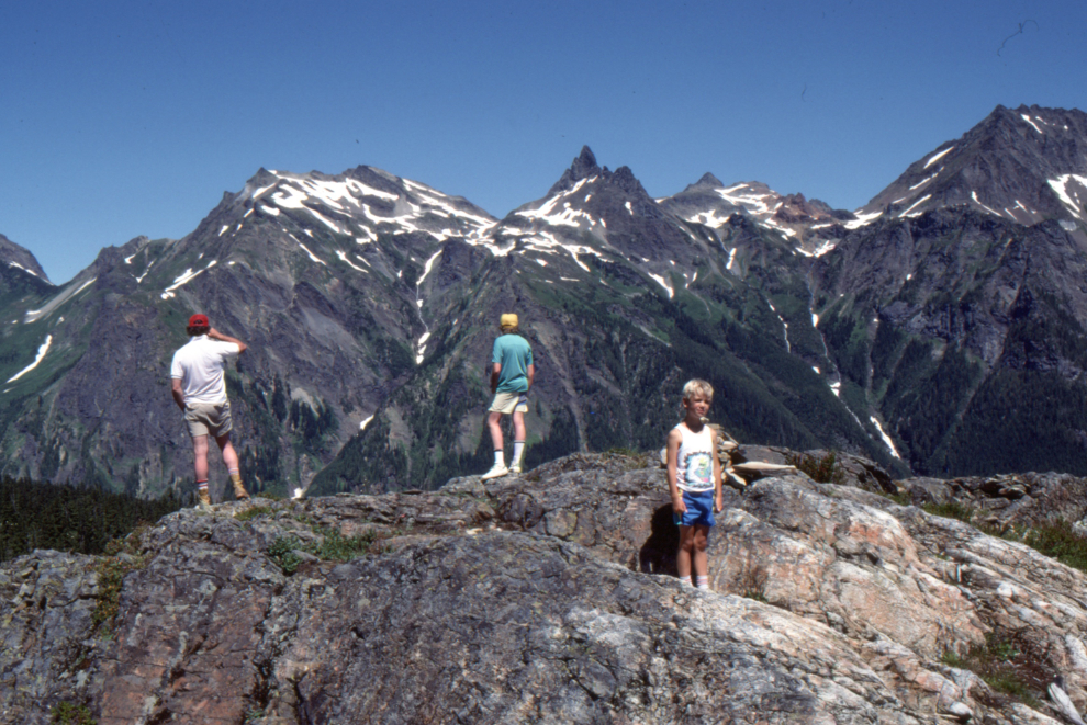 My son and a couple of friends on a ridge just east of Mt. Laughington inn the Chilliwack River Valley, 1989.
