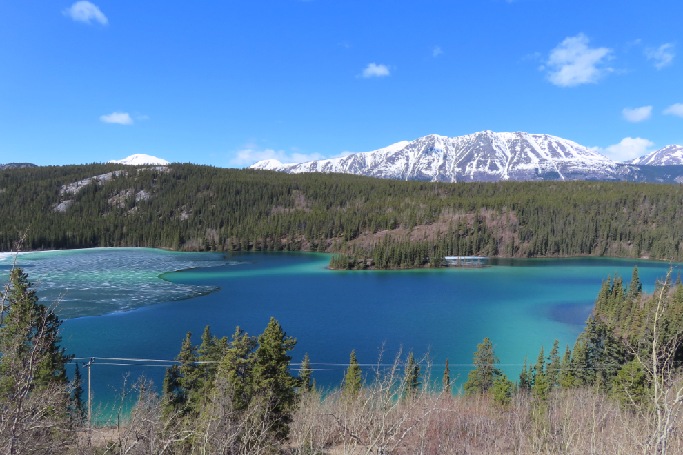On May 15, 2026, most of the ice was off Emerald Lake, Yukon, revealing the spectacular colours. 
