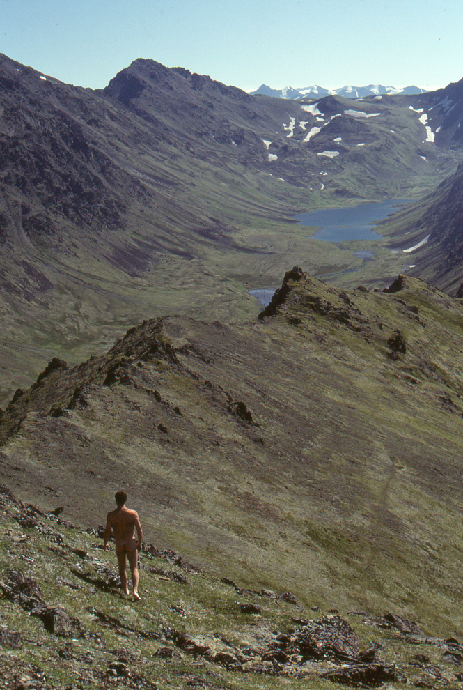 Naturist hiking beyond the Wolverine Peak Trail, Anchorage, Alaska.