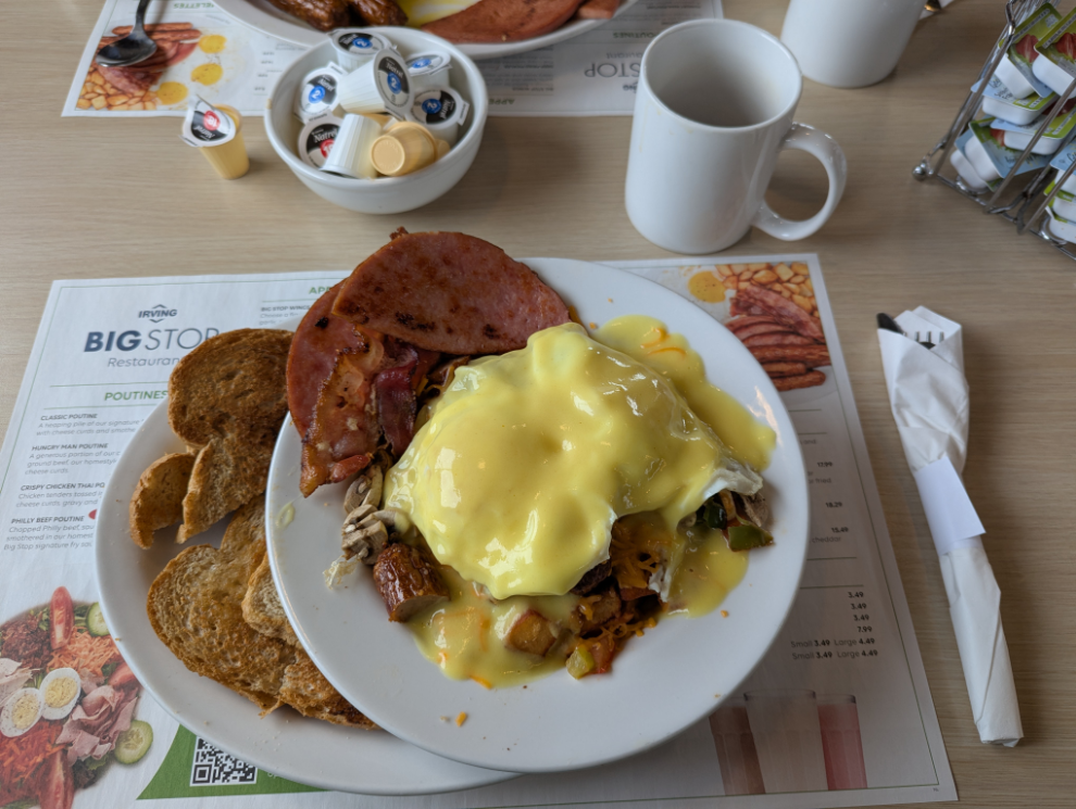 A hearty breakfast at the Big Stop Restaurant at the large Irving truck stop in Deer Lake, Newfoundland.