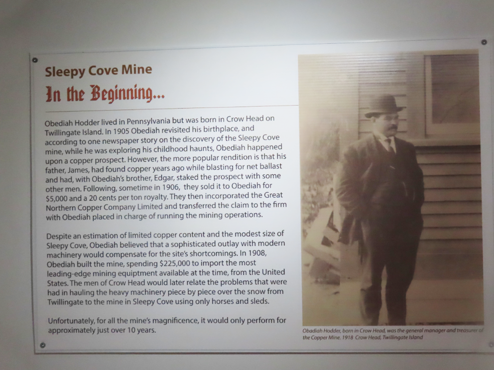 Sleepy Cove copper mine information panel at the Twillingate Lighthouse Heritage Museum, Newfoundland.