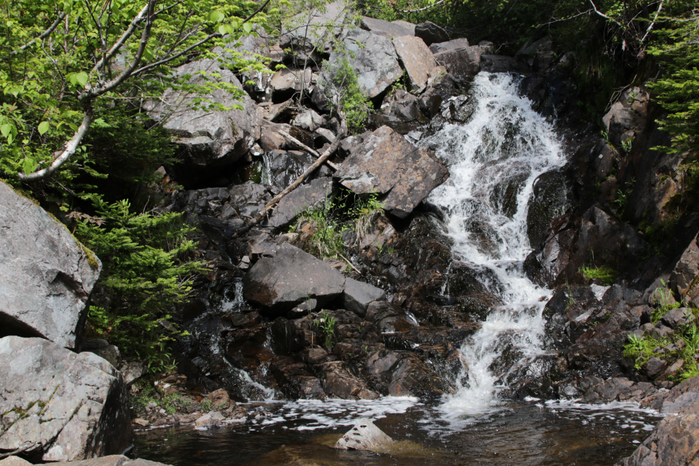 Hiking the Coastal Trail to Pissamare Falls at Terra Nova National Park, Newfoundland.
