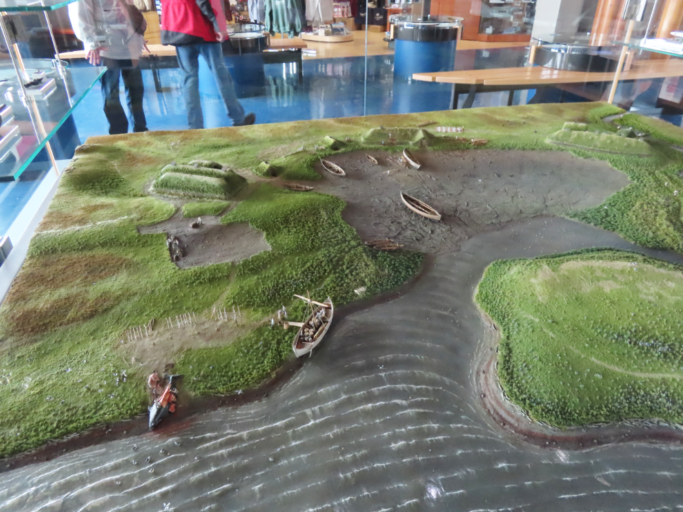 A scale model of the settlement site at L'Anse aux Meadows National Historic Site, Newfoundland.