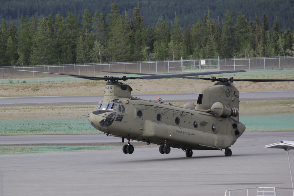 Boeing CH-47F Chinook helicopter from Fort Wainwright at Fairbanks, landing at Whitehorse, Yukon.