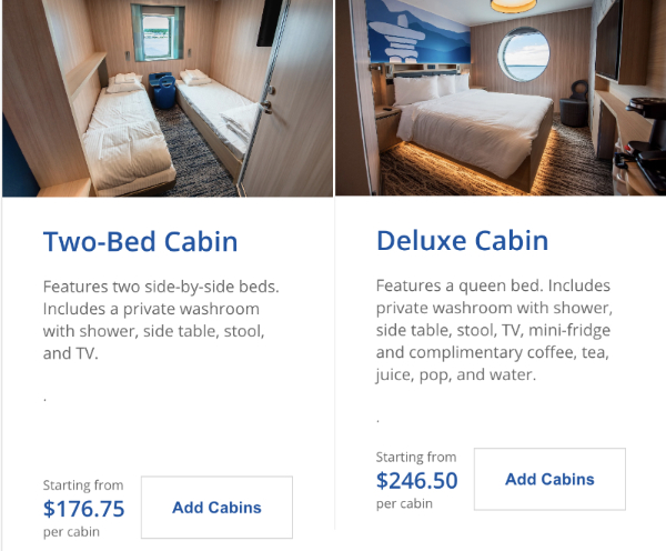 The two types of 2-person cabins on Marine Atlantic's Argentia to North Sydney ferry run.