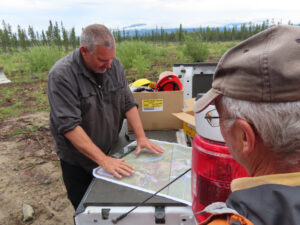 Gladiator Metals president Marcus Harden shows a map of their Whitehorse exploration drilling program.