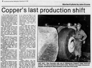 Part of an article from the December 22, 1982, issue of The Whitehorse Star, about the last day of underground production at the Whitehorse Copper mines.