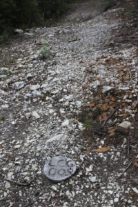 The drill holes from Gladiator's program in the Whitehorse Copper area are visible now only by the concrete caps on them. This one is in the middle of an old road.