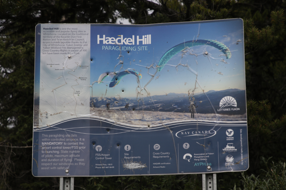 This sign describes the Haeckel Hill paragliding site, one of the most accessible and popular flying sites in Whitehorse.