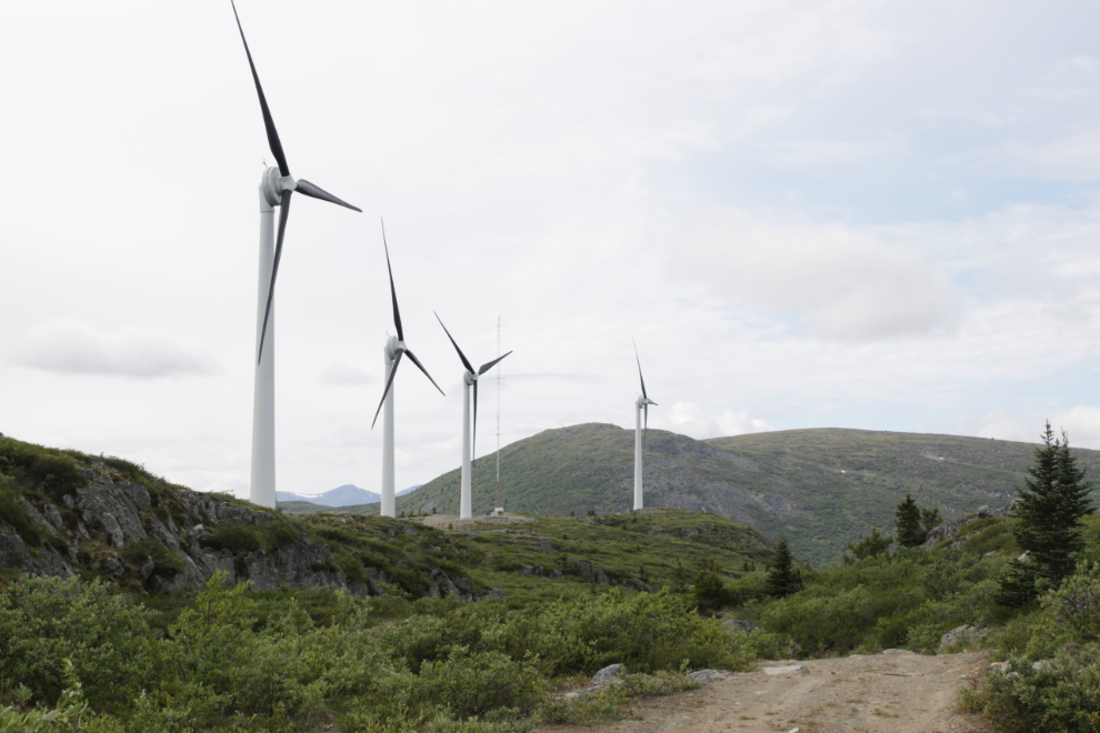 The wind turbines on Haeckel Hill in Whitehorse, Yukon.
