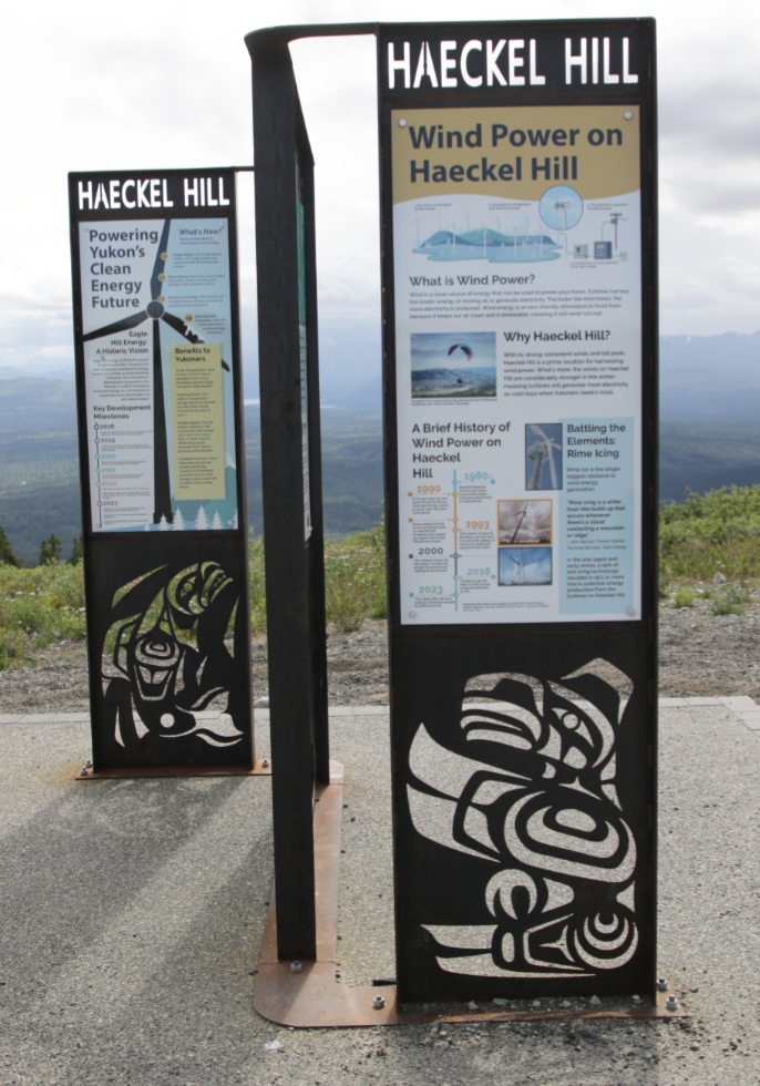 Interpretive signs at the wind turbines on Haeckel Hill in Whitehorse, Yukon.