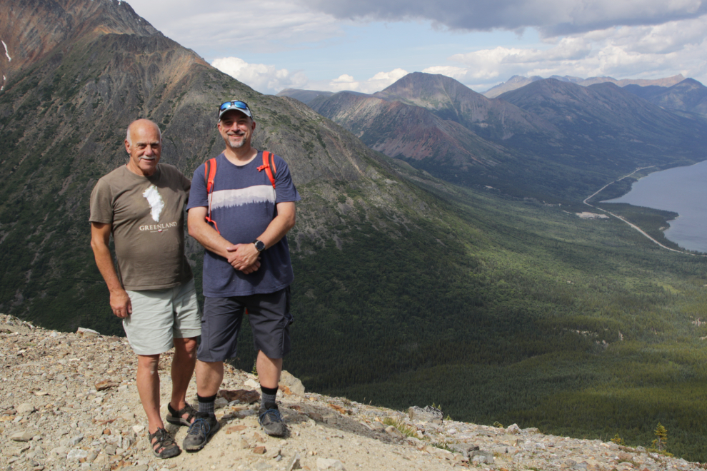 Murray Lundberg and Kevin Taylor on an old mining exploration trail on 'Middle Ridge' above Tutshi Lake, BC.